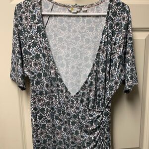 Boden Floral V-Neck Blouse - Blue and White